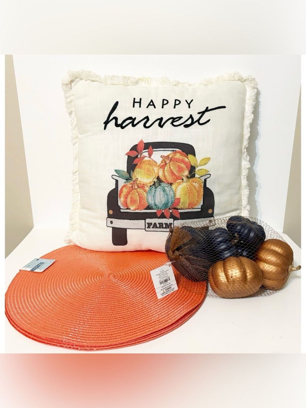 Fall Thanksgiving Halloween Decor Bundle, 1 Pillow, 4 Placemats & 7 Pumpkins